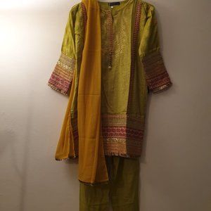 Girls' Mehnd Green Silk 3-Pieces Party Dress